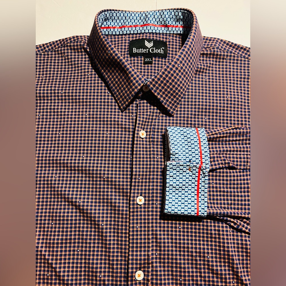 Butter Cloth Men’s Size 2XL Blue Orange Flip Cuff Button Up Shirt Stretch